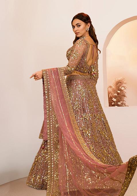 Pink Sequin Dori Embroidered Faux Georgette Lehenga Set