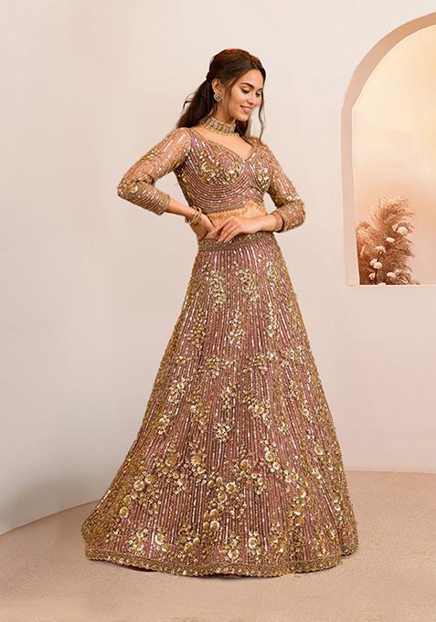 Pink Sequin Dori Embroidered Faux Georgette Lehenga Set