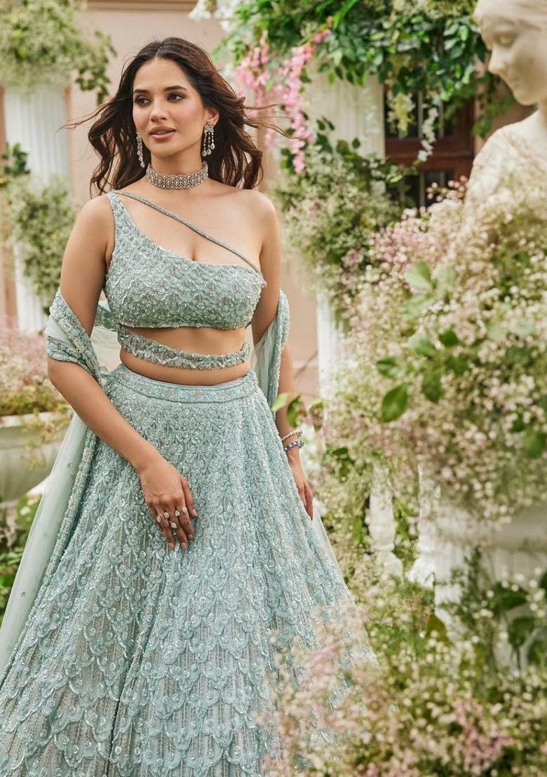 Sky Blue Sequin Embroidered Net Lehenga Set