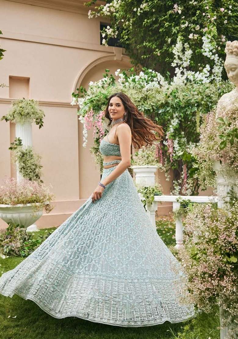 Sky Blue Sequin Embroidered Net Lehenga Set - Indya