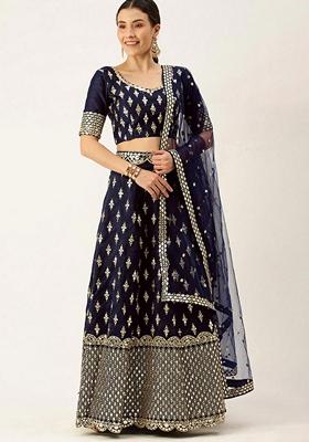 Navy Blue Sequin Zari Embroidered Dola Silk Lehenga Set