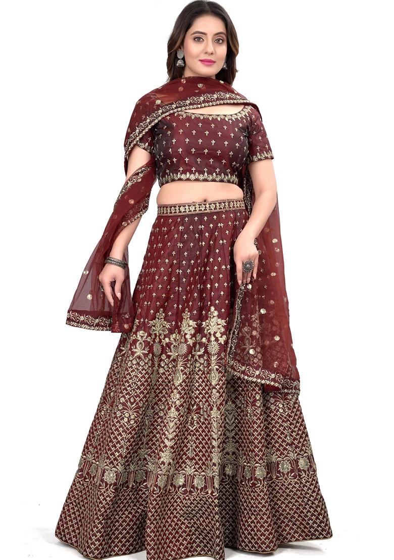 Maroon Sequin Dori Embroidered Satin Silk Lehenga Set