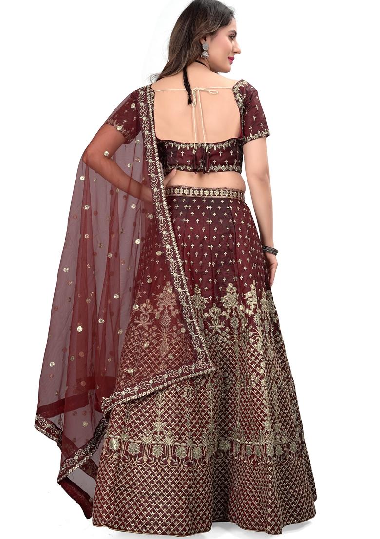 Maroon Sequin Dori Embroidered Satin Silk Lehenga Set - Indya
