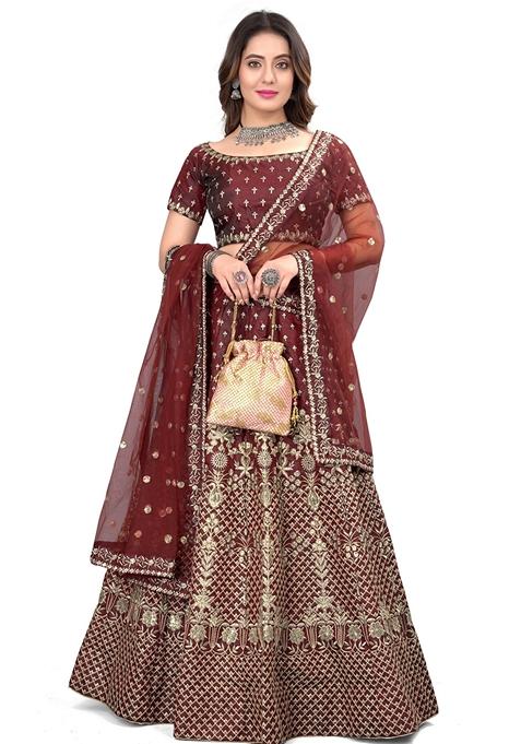 Maroon Sequin Dori Embroidered Satin Silk Lehenga Set