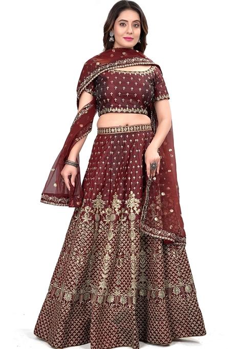 Maroon Sequin Dori Embroidered Satin Silk Lehenga Set