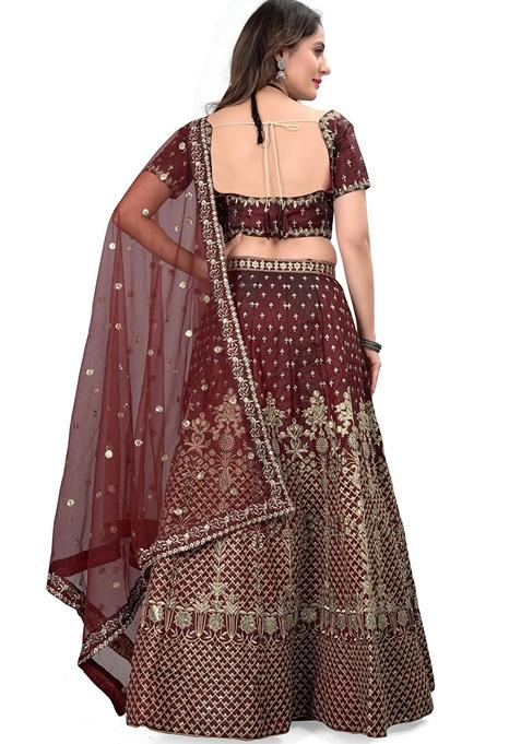 Maroon Sequin Dori Embroidered Satin Silk Lehenga Set