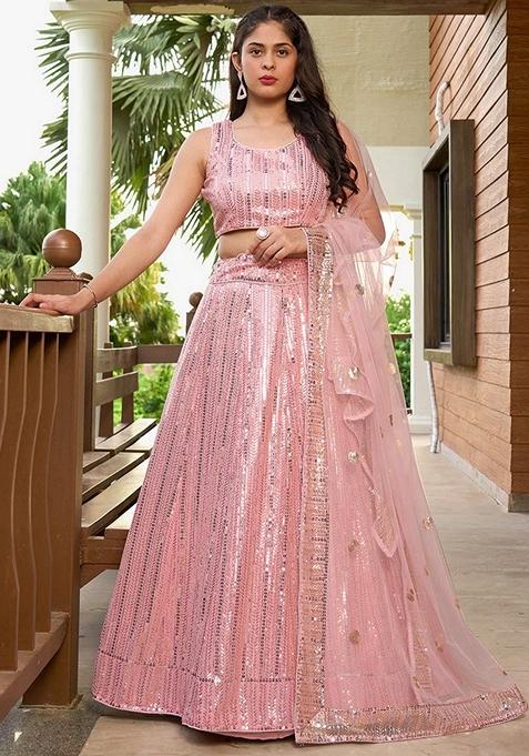 Light Pink Sequin Embroidered Faux Georgette Lehenga Set