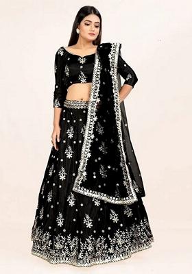 Black Sequin Zari Embroidered Art Silk Lehenga Set