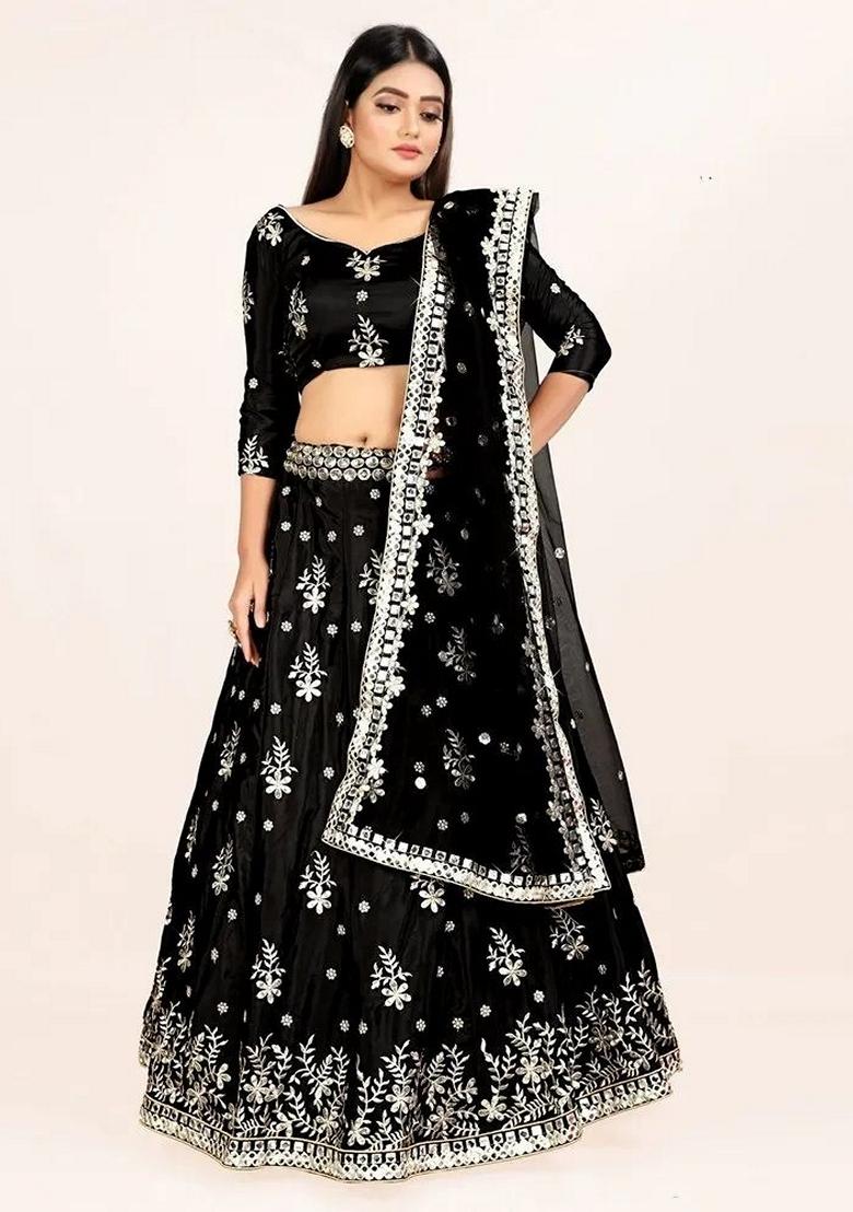 Black Sequin Zari Embroidered Art Silk Lehenga Set