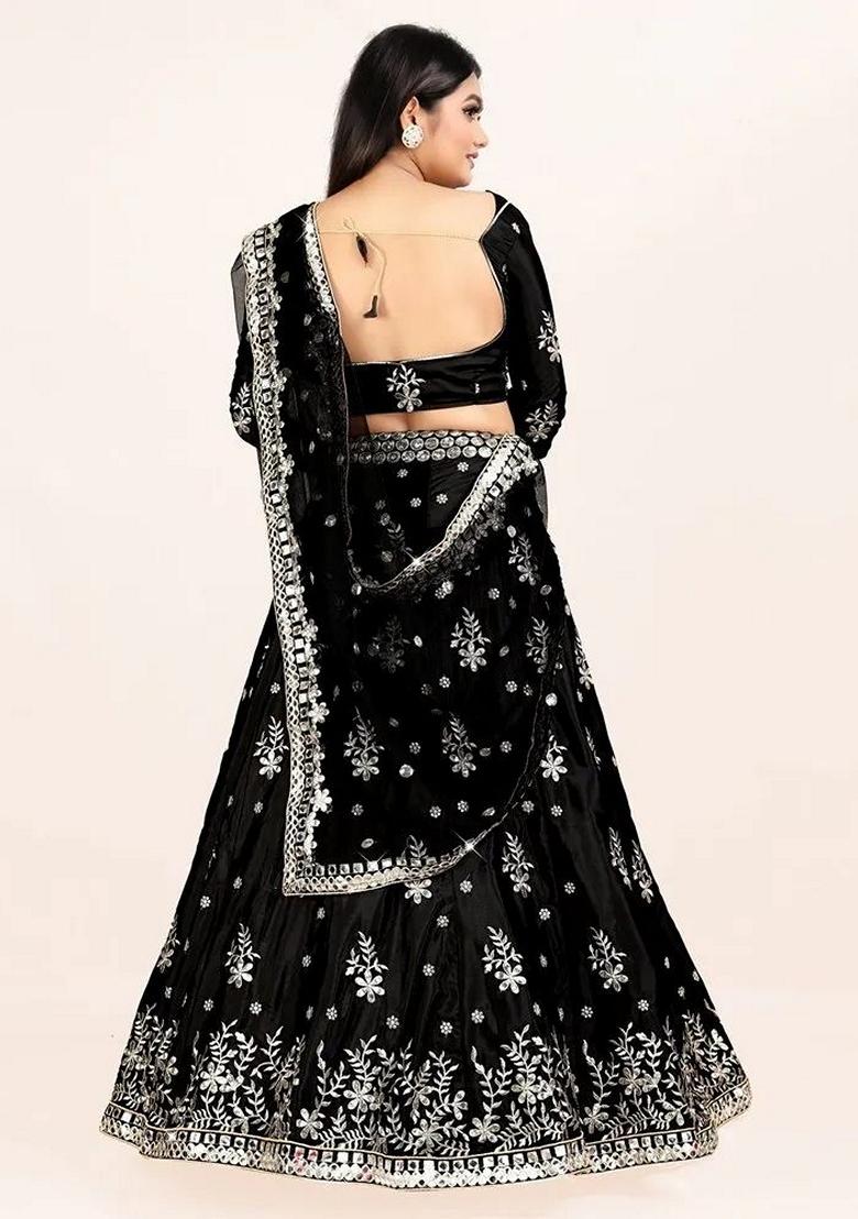 Black Sequin Zari Embroidered Art Silk Lehenga Set
