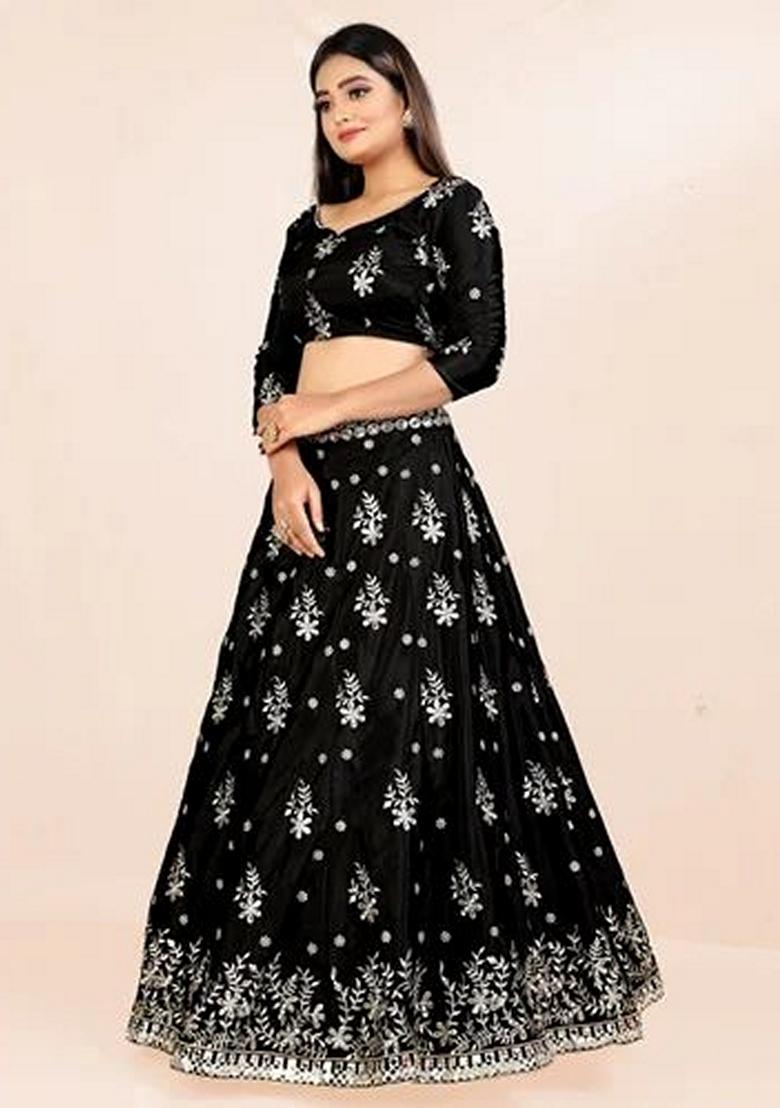 Black Sequin Zari Embroidered Art Silk Lehenga Set