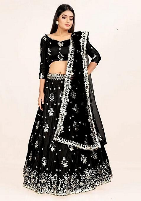 Black Sequin Zari Embroidered Art Silk Lehenga Set