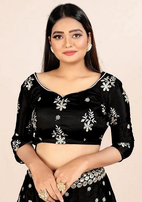 Black Sequin Zari Embroidered Art Silk Lehenga Set