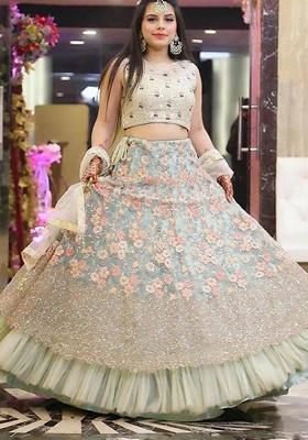 Sea Green Sequin Thread Embroidered Net Lehenga Set
