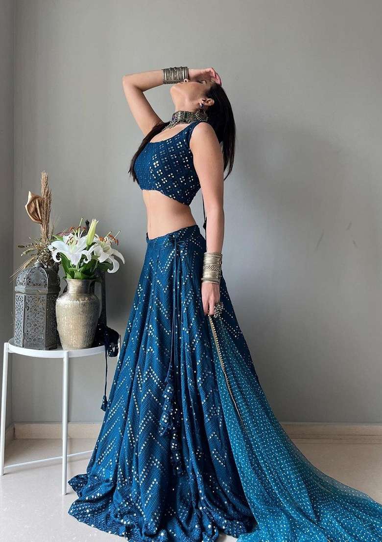 Blue Sequin Thread Embroidered Faux Georgette Lehenga Set for Diwali and Festive Wear - Indya