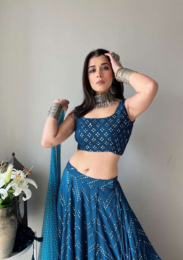 Blue Sequin Thread Embroidered Faux Georgette Lehenga Set for Diwali and Festive Wear - Indya