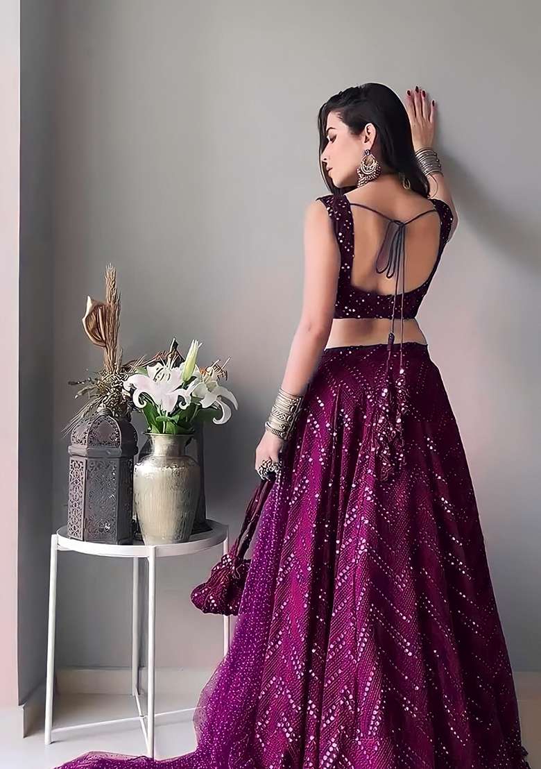 Wine Thread Faux Georgette Lehenga Set with Embroidered & Sequin for Diwali | Wedding & Festive Wear - Indya