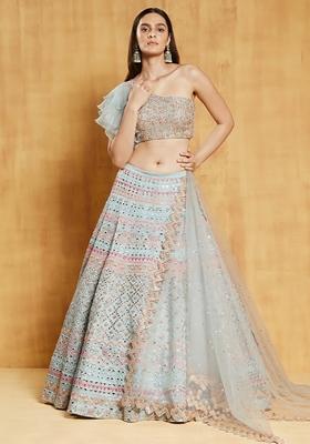 Sea Green Thread Zari Embroidered Organza Silk Lehenga Set