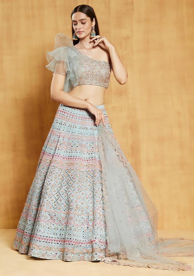 Sea Green Thread Zari Embroidered Organza Silk Lehenga Set