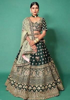 Green Sequin Zari Embroidered Satin Silk Lehenga Set