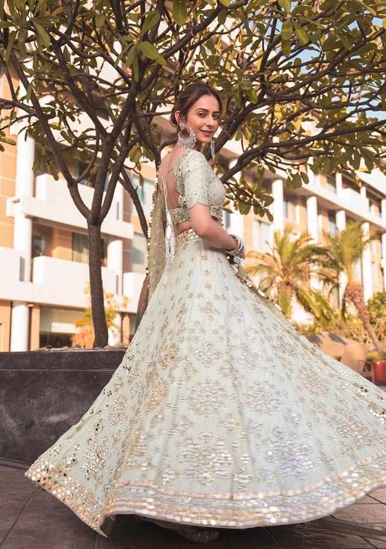 Pastel Green Zari Mirror Embroidered Heavy Banglori Silk Lehenga Set