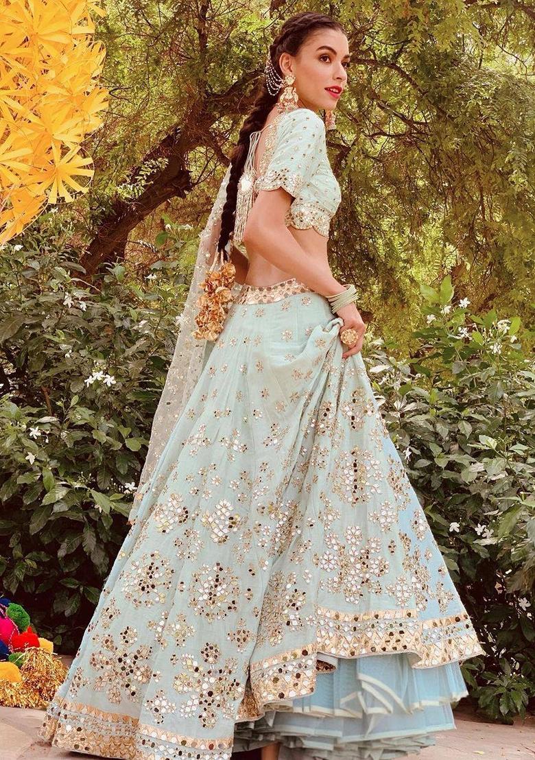 Pastel Green Zari Mirror Embroidered Heavy Banglori Silk Lehenga Set