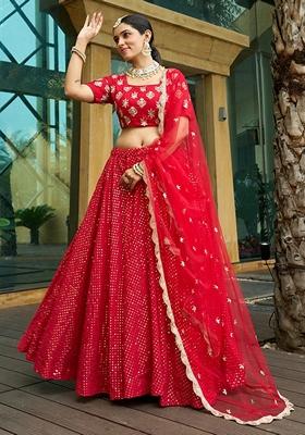 Red Sequin Thread Embroidered Faux Georgette Lehenga Set