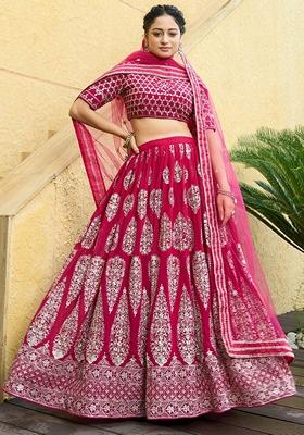 Cherry Red Zari Embroidered Faux Georgette Lehenga Set