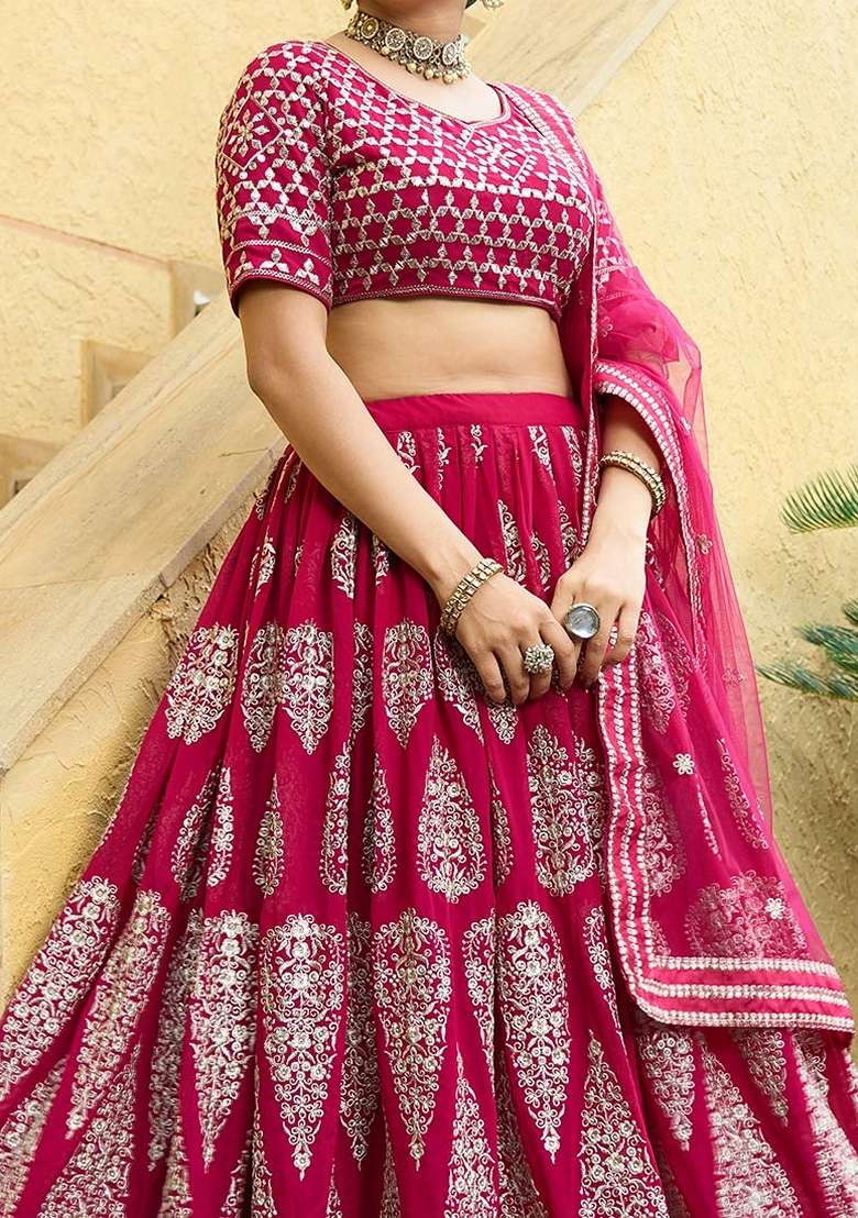 Cherry Red Zari Embroidered Faux Georgette Lehenga Set for Diwali and Festive Wear - Indya