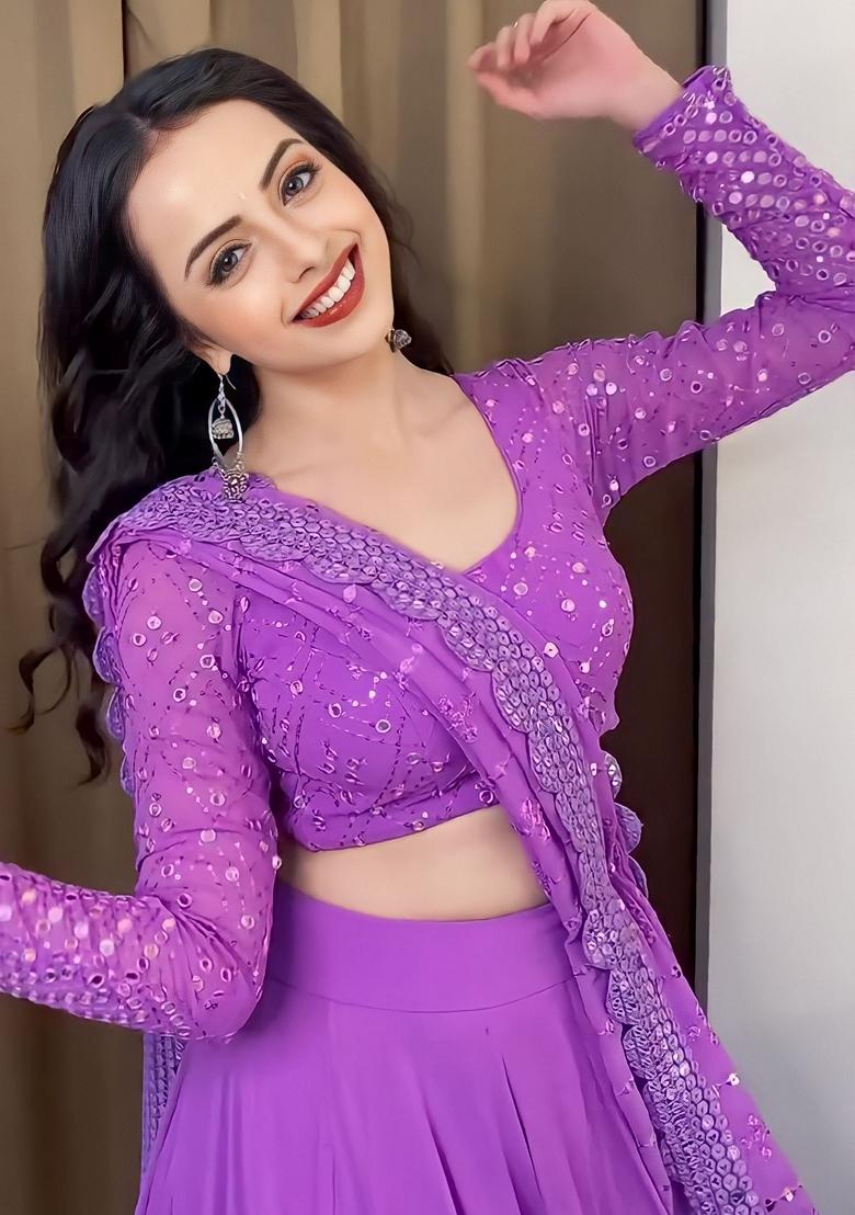 Lavender Sequin Thread Embroidered Faux Georgette Lehenga Set - Indya