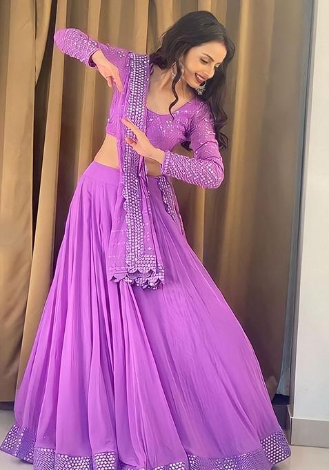Lavender Sequin Thread Embroidered Faux Georgette Lehenga Set