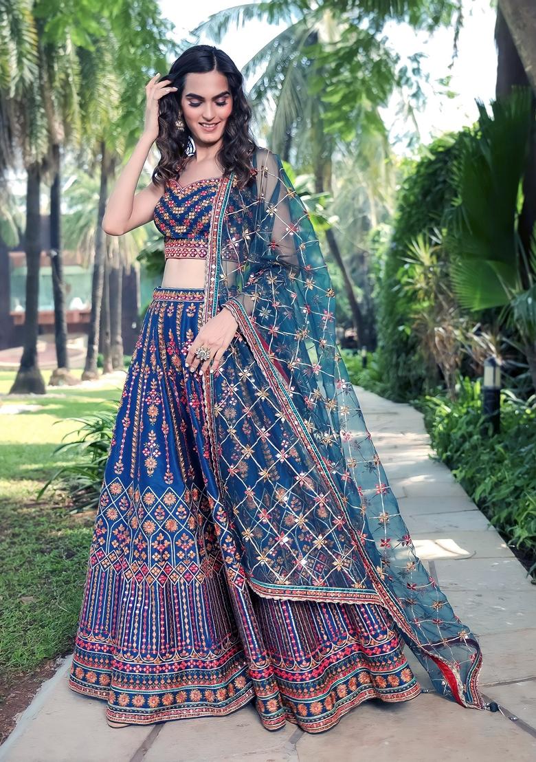 Blue Sequin Thread Embroidered Chinon Lehenga Set - Indya