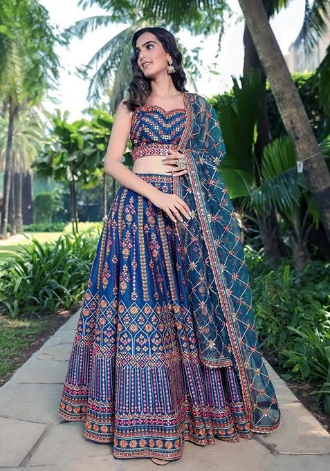 Blue Sequin Thread Embroidered Chinon Lehenga Set