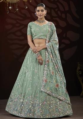 Sea Green Sequin Thread Embroidered Net Lehenga Set