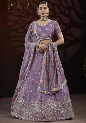 Lavender Sequin Thread Embroidered Net Lehenga Set