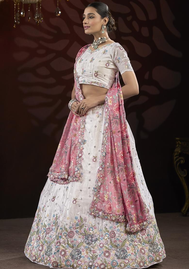 Cream Sequin Thread Embroidered Net Lehenga Set