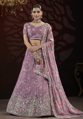 Dusty Pink Sequin Thread Embroidered Net Lehenga Set