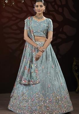 Sky Blue Sequin Thread Embroidered Net Lehenga Set