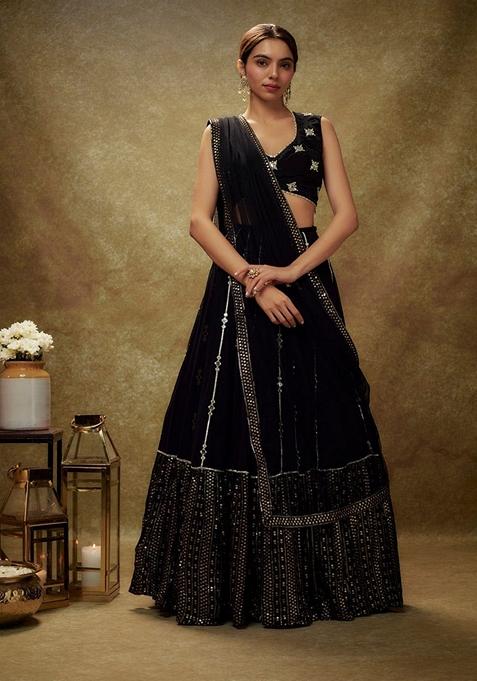 Black Zari Mirror Embroidered Georgette Lehenga Set
