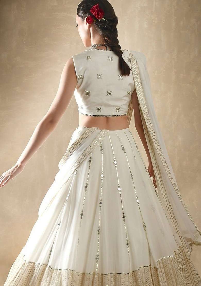 White Zari Mirror Embroidered Georgette Lehenga Set for Diwali and Festive Wear - Indya
