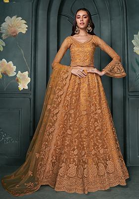 Dark Mustard Embroidered Net Lehenga Set