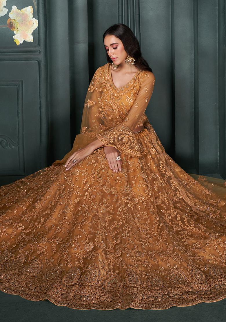 Dark Mustard Embroidered Net Lehenga Set