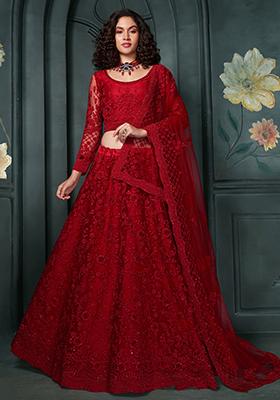 Dark Red Embroidered Net Lehenga Set