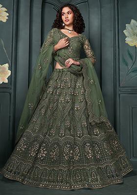Olive Embroidered Net Lehenga Set