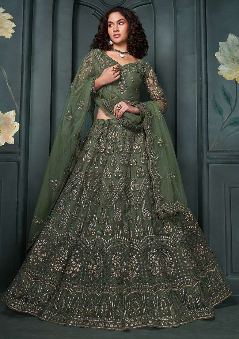 Olive Embroidered Net Lehenga Set - Indya