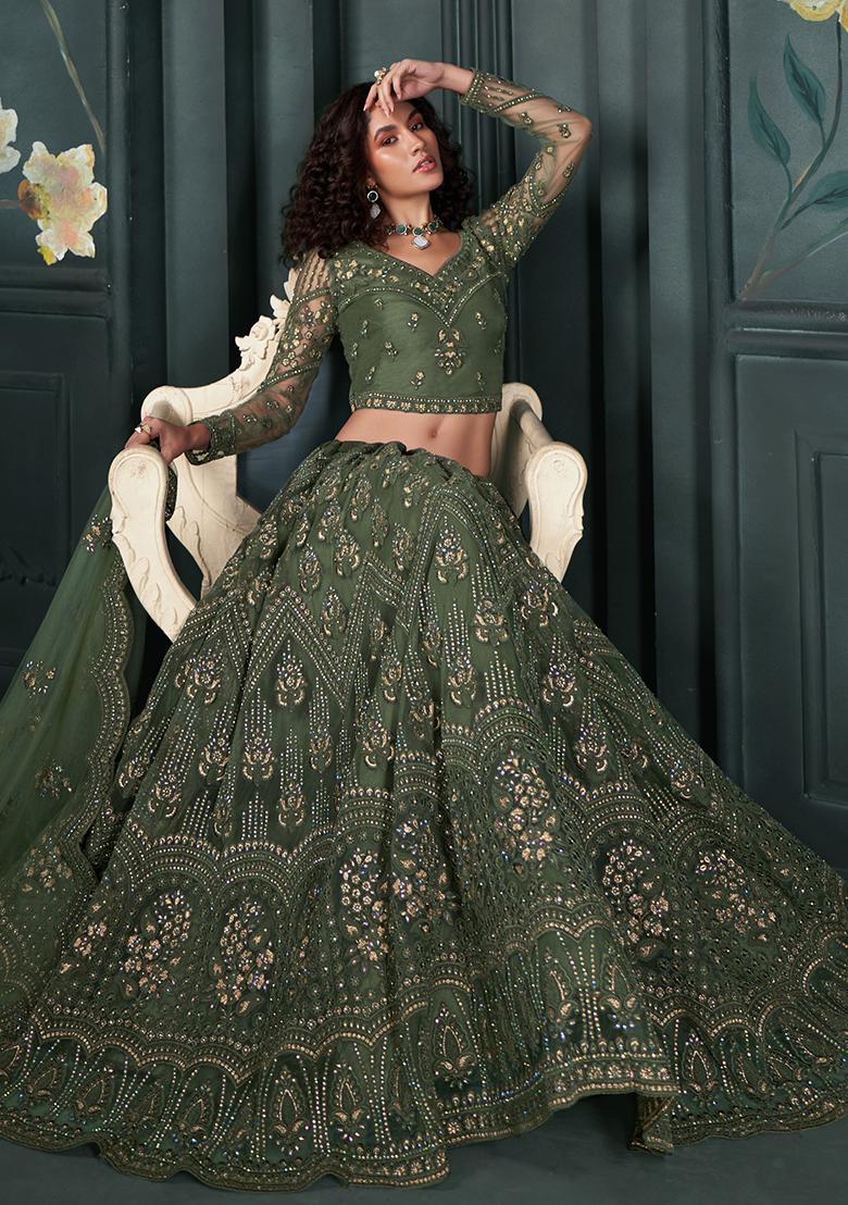 Olive Embroidered Net Lehenga Set