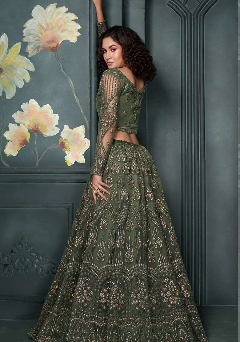 Olive Embroidered Net Lehenga Set - Indya