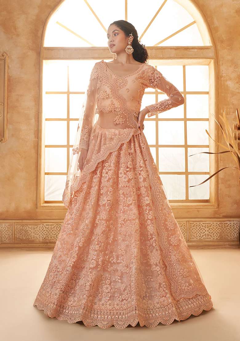 Peach Embroidered Net Lehenga Set - Indya