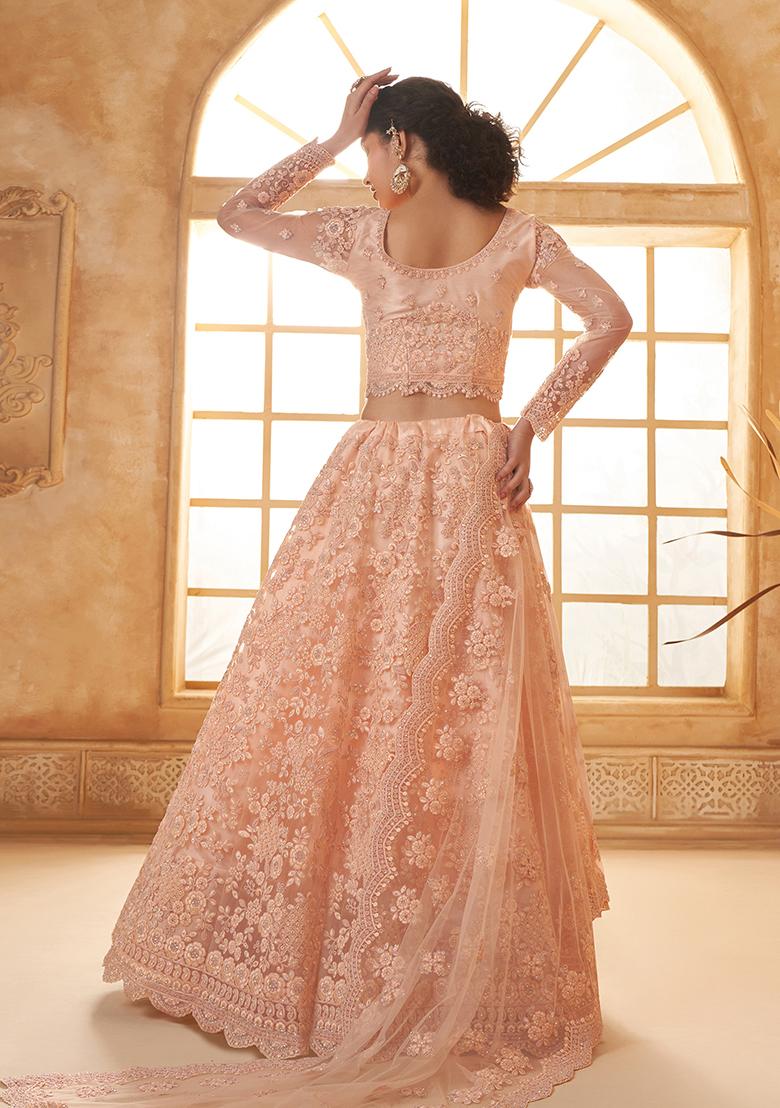 Peach Embroidered Net Lehenga Set