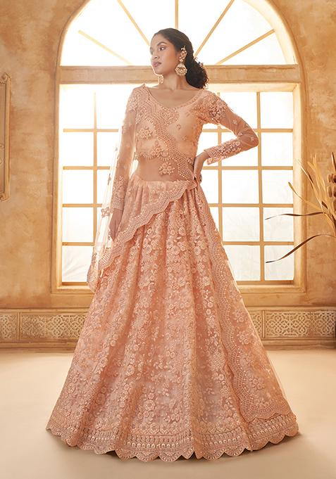 Peach Embroidered Net Lehenga Set